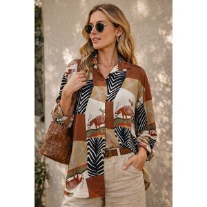 Vintage Campus Casuals Safari Animal Print Blouse L Antelope Zebra Patchwork 90s